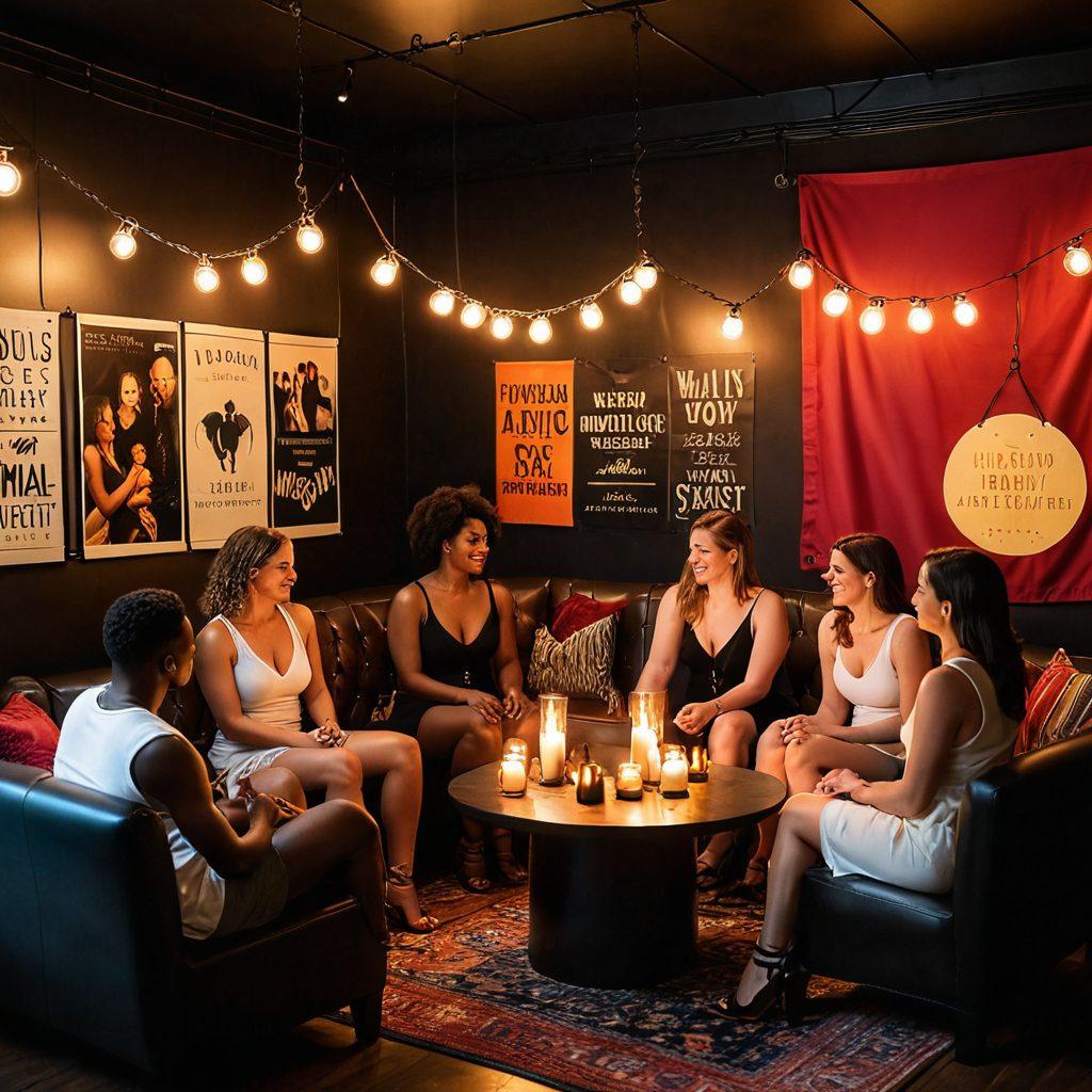 A warm and inviting scene depicting a diverse group of individuals in a BDSM community gathering, sharing laughter and connection. Include soft candlelight, playful bondage accessories, and plush seating to enhance intimacy, showing different relationship dynamics in harmony. The backdrop showcases colorful banners celebrating diversity and empowerment. super-realistic. vibrant colors. soft lighting.