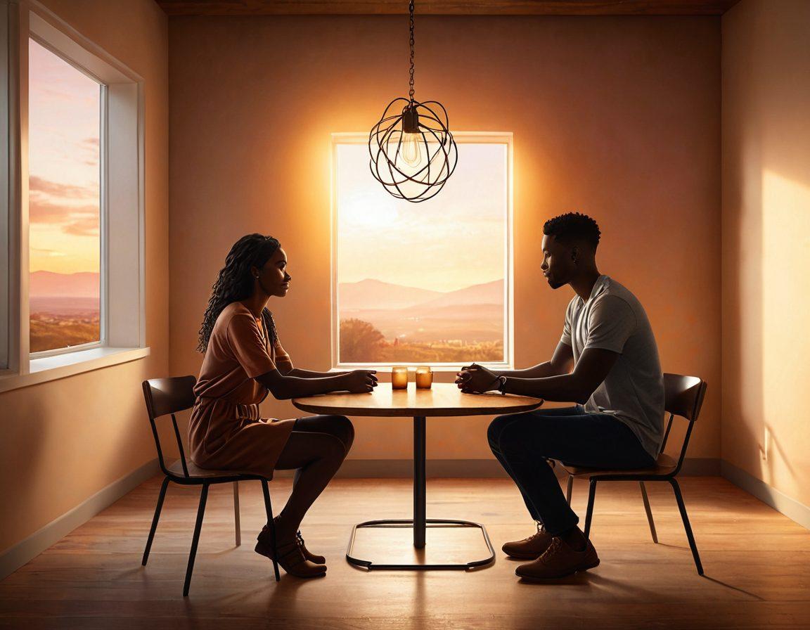 An inviting and open space featuring two diverse individuals engaging in a meaningful conversation, surrounded by symbols of empowerment like hearts and chains gently intertwined, soft ambient lighting to create a warm atmosphere, and a backdrop of an abstract representation of boundaries being explored. super-realistic. warm colors. soft focus.